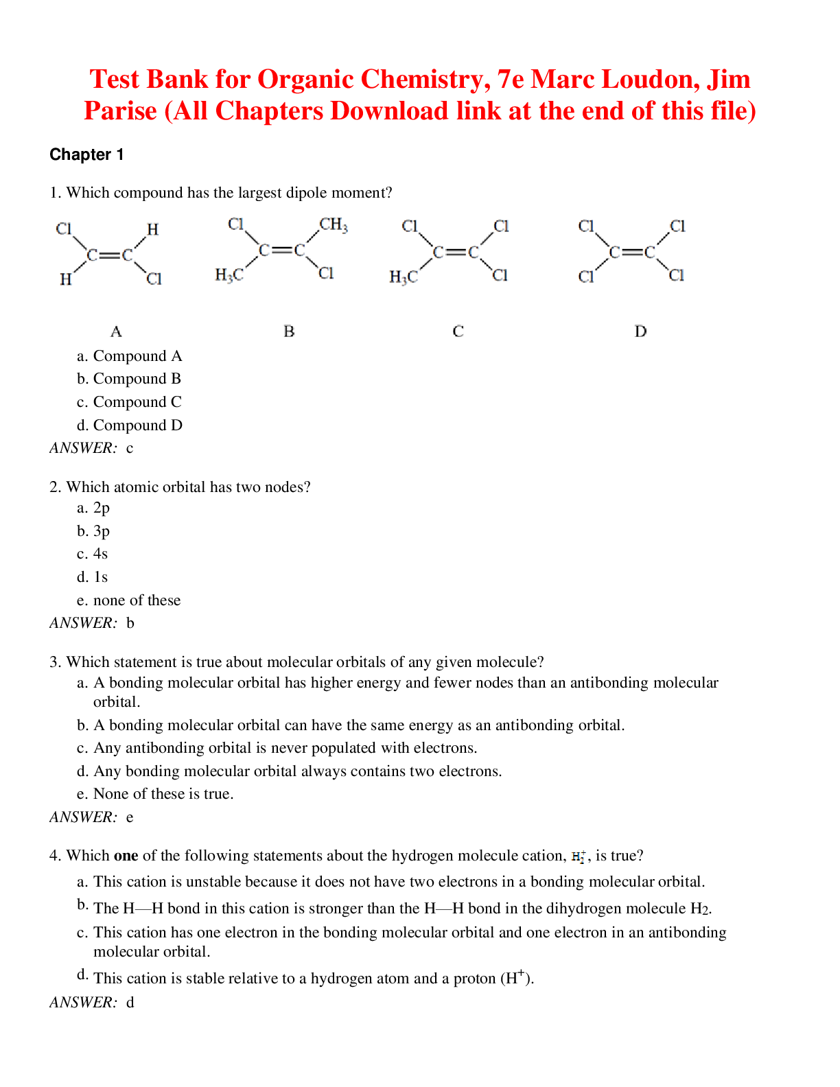 Preview of Organic Chemistry, 7th Edition by Marc Loudon, Jim Parise (Test Bank)
